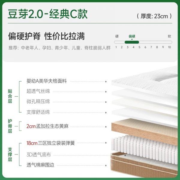 麻大师豆芽黄麻护脊腰双人硬垫乳胶弹簧记忆棉席梦思厚床垫子家用 - 图片 6