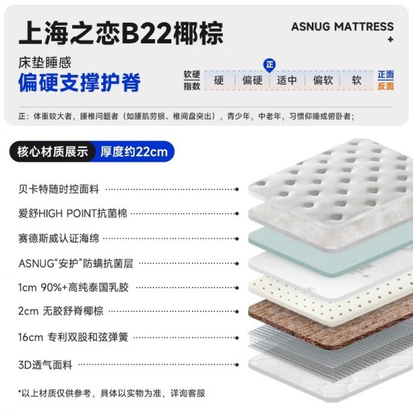 爱舒床垫席梦思家用天然乳胶椰棕垫1.51.8m独立弹簧软硬两用定制 - 图片 8