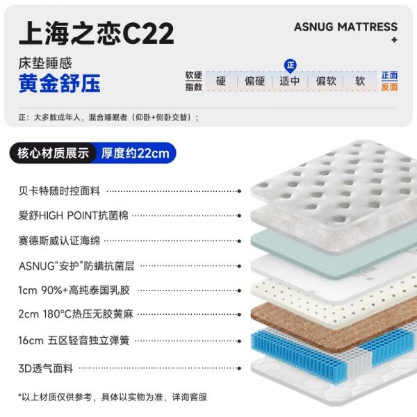 爱舒床垫席梦思家用天然乳胶椰棕垫1.51.8m独立弹簧软硬两用定制 - 图片 12